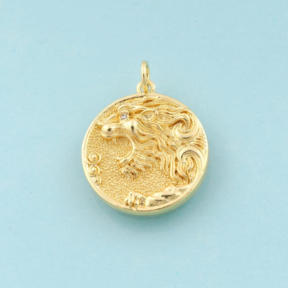 Gold CZ Lion Charms,Round Jewelry,Animal Pendant for DIY Jewelry Making,18K Gold