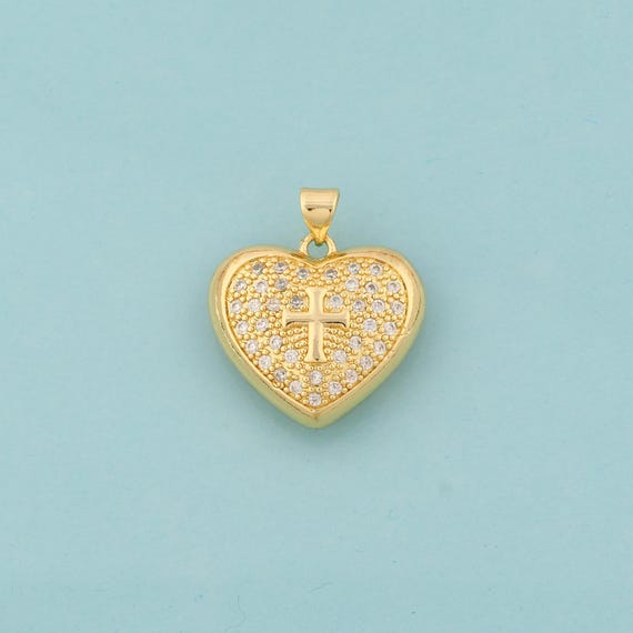Gold Heart Charms,Cross Jewelry,CZ Heart Pendant for DIY Jewelry Making,18K Gold