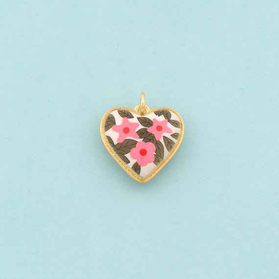 Gold Heart Charms,Flower Jewelry,Enamel Love Pendant for DIY Jewelry Making,18K Gold