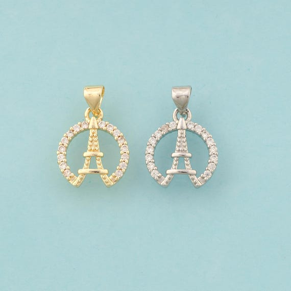 Gold CZ Eiffel Tower Charms,Architectural Jewelry,Round Pendant for DIY Jewelry Making,18K Gold