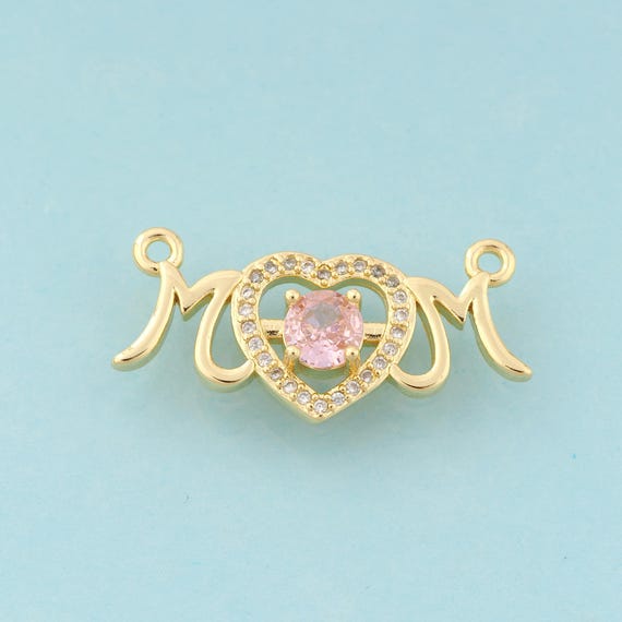 Gold CZ MOM Charms,Heart Jewelry,Letter Pendant for DIY Jewelry Making,18K Gold