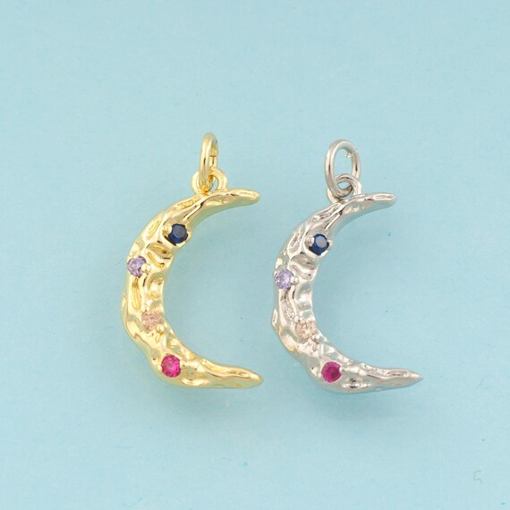 Gold CZ Crescent Moon Charms,Moon Jewelry,Moon Pendant for DIY Jewelry Making,18K Gold & Rhodium