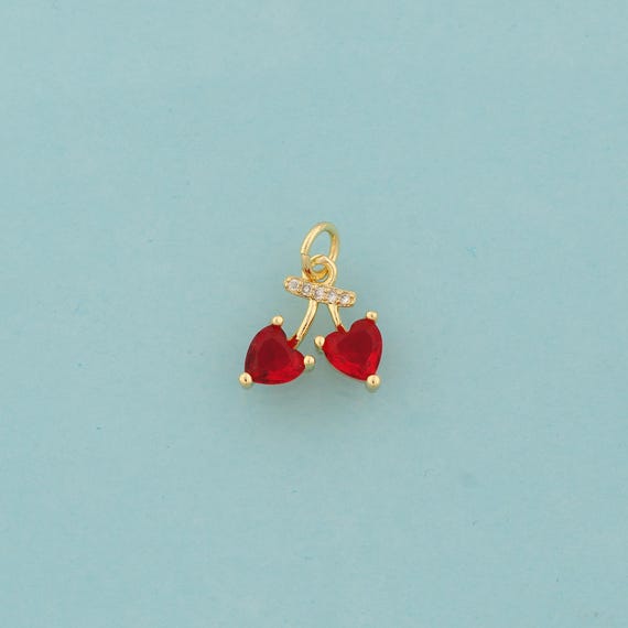Gold Cherry Charms,Fruit Jewelry,CZ Heart Pendant for DIY Jewelry Making,18K Gold