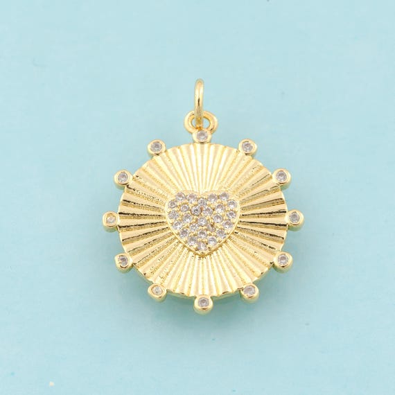 Gold CZ Heart Charms,Round Jewelry,Heart Pendant for DIY Jewelry Making,18K Gold