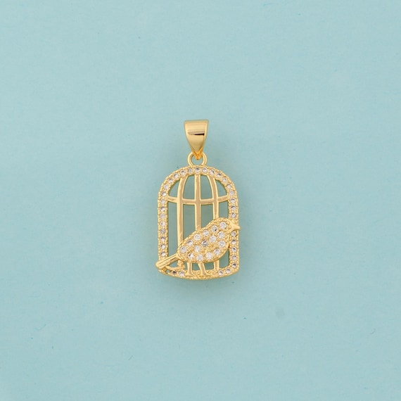 Gold CZ Bird Charms,Birdcage Jewelry,Bird Pendant for DIY Jewelry Making,18K Gold