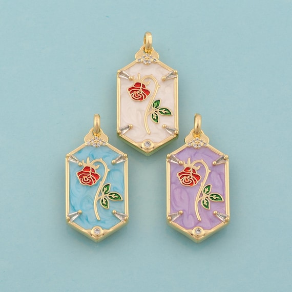 18K Gold Filled CZ Rose Charm: Enamel Flower Pendant