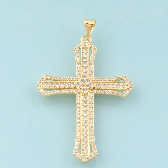 Gold CZ Cross Charms,Religious Jewelry,Christian Pendant for DIY Jewelry Making,18K Gold