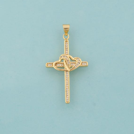 Gold CZ Cross Charms,Heart Jewelry,Christian Pendant for DIY Jewelry Making,18K Gold