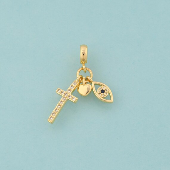 Gold CZ Cross Charms,Heart Jewelry,Evil Eye Pendant for DIY Jewelry Making,18K Gold