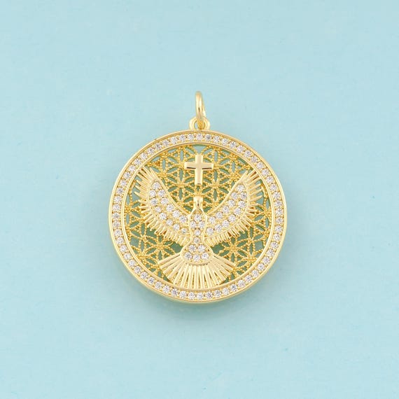 Gold CZ Cross Charms,Round Jewelry,Eagle Pendant for DIY Jewelry Making,18K Gold