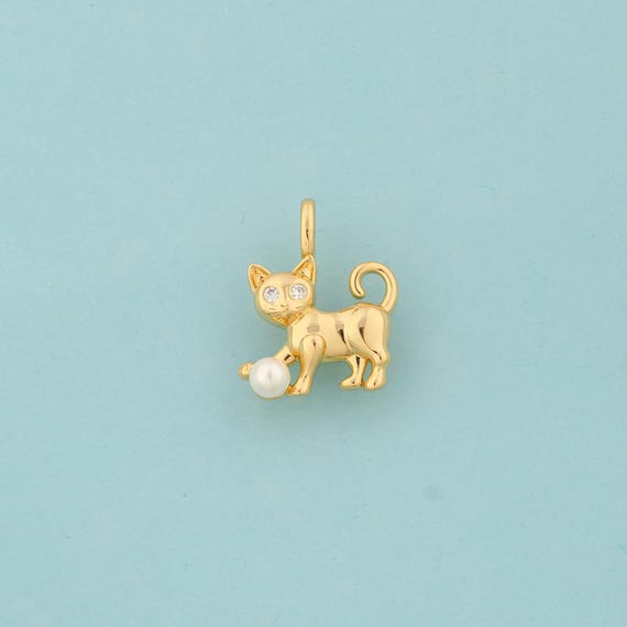 Gold Cat Charms,Animal Jewelry,CZ Cat Pendant for DIY Jewelry Making,18K Gold