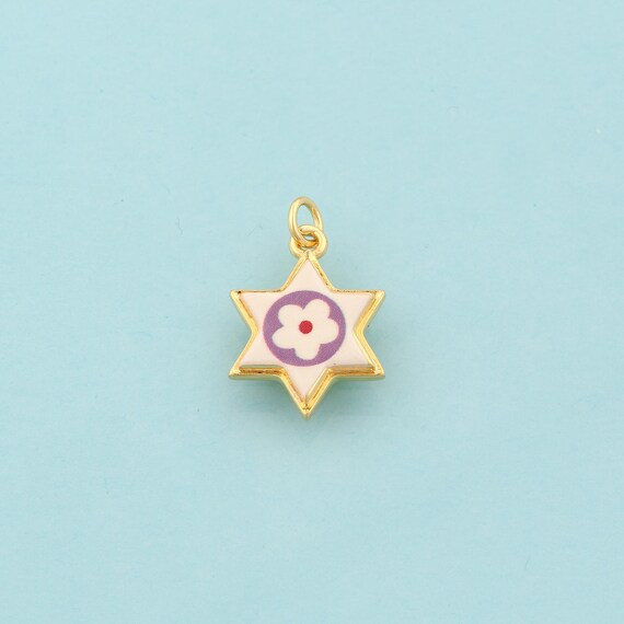 Gold David Star Charms,Jewish Star Jewelry,Enamel Flower Pendant for DIY Jewelry Making,18K Gold