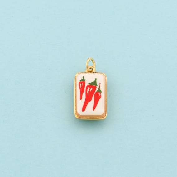 Gold Chili Charms,Pepper Jewelry,Enamel Square Pendant for DIY Jewelry Making,18K Gold