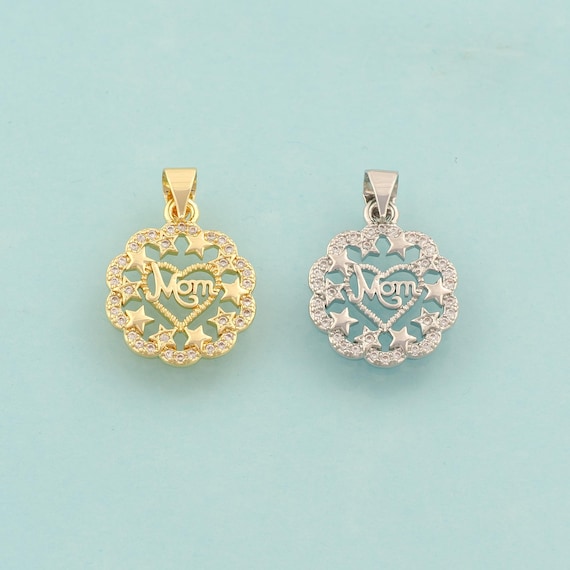 Gold CZ MOM Charms,Heart Jewelry,Letter Pendant for DIY Jewelry Making,18K Gold
