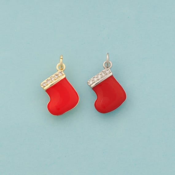 Gold CZ Christmas Stocking Charms,Stocking Jewelry,Enamel Christmas Pendant for DIY Jewelry Making,18K Gold