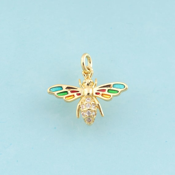 Gold CZ Bee Charms,Insect Jewelry,Enamel Bee Pendant for DIY Jewelry Making,18K Gold