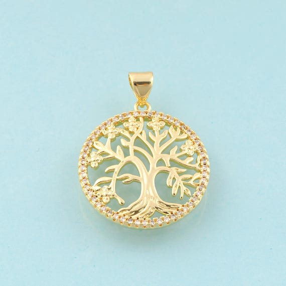 Gold CZ Tree of Life Charms,Round Jewelry,Tree Pendant for DIY Jewelry Making,18K Gold
