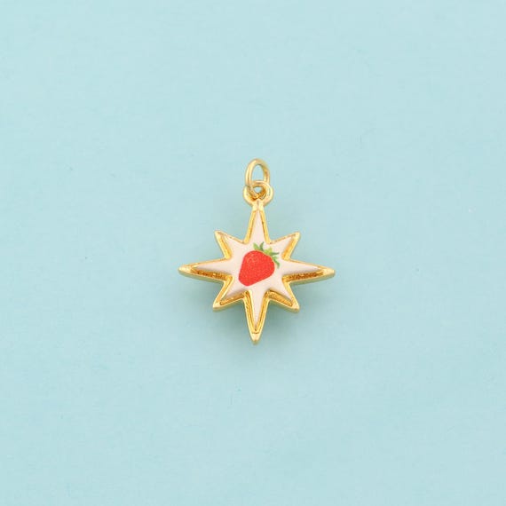 Gold Polaris Charms,Strawberry Jewelry,Enamel Starburst Pendant for DIY Jewelry Making,18K Gold