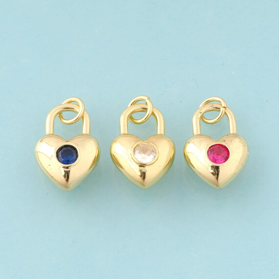 Gold CZ Heart Charms,Lock Jewelry,Heart Pendant for DIY Jewelry Making,18K Gold