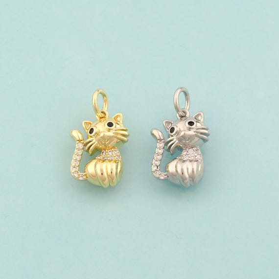 Gold CZ Cat Charms,Animal Jewelry,Cat Pendant for DIY Jewelry Making,18K Gold