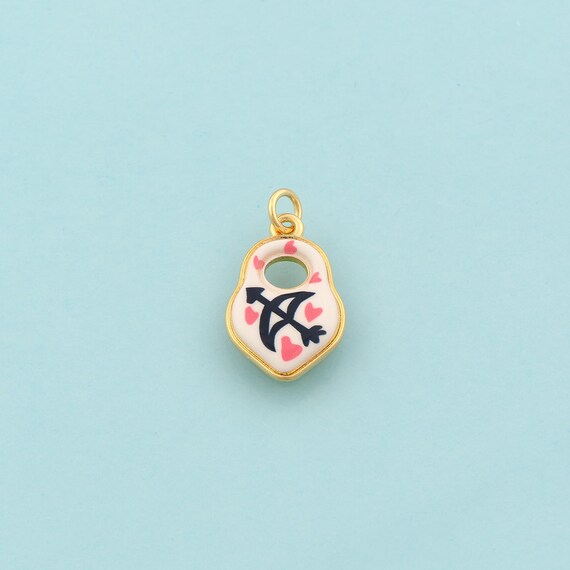 Gold Heart Charms,Lock Jewelry,Enamel Bow and Arrow Pendant for DIY Jewelry Making,18K Gold