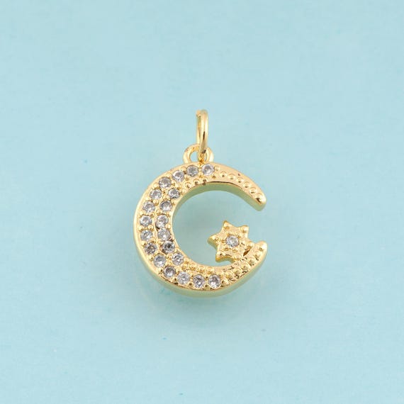 Gold CZ Moon Charms,Star Jewelry,Celestial Pendant for DIY Jewelry Making,18K Gold