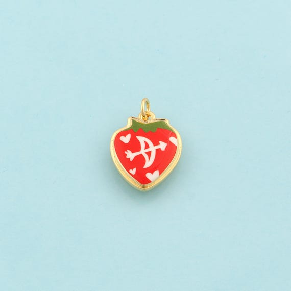 Gold Strawberry Charms,Fruit Jewelry,Enamel Bow and Arrow Pendant for DIY Jewelry Making,18K Gold