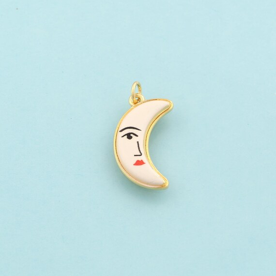Gold Enamel Moon Face Charms,Celestial Jewelry,Moon Pendant for DIY Jewelry Making,18K Gold
