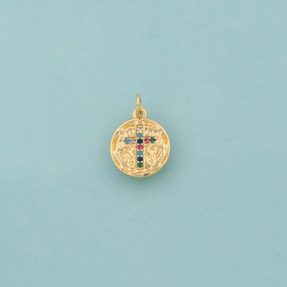 Gold CZ Cross Charms,Round Jewelry,Christian Pendant for DIY Jewelry Making,18K Gold