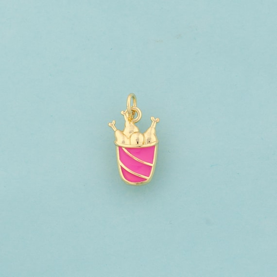 Gold Enamel Fried Chicken Bucket Charms,Gourmet Jewelry,Gourmet Pendant for DIY Jewelry Making,18K Gold