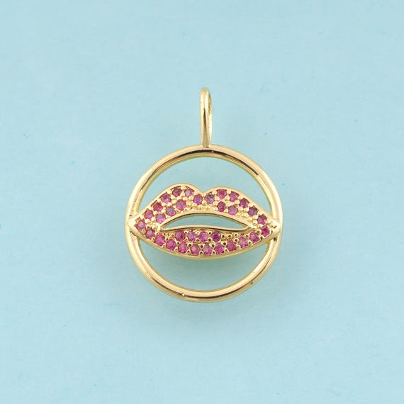 Gold CZ Lips Charms,Round Jewelry,Lips Pendant for DIY Jewelry Making,18K Gold