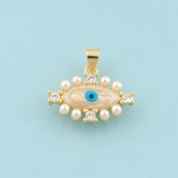 Gold CZ Evil Eye Charms,Pearl Jewelry,Devil Eye Pendant for DIY Jewelry Making,18K Gold
