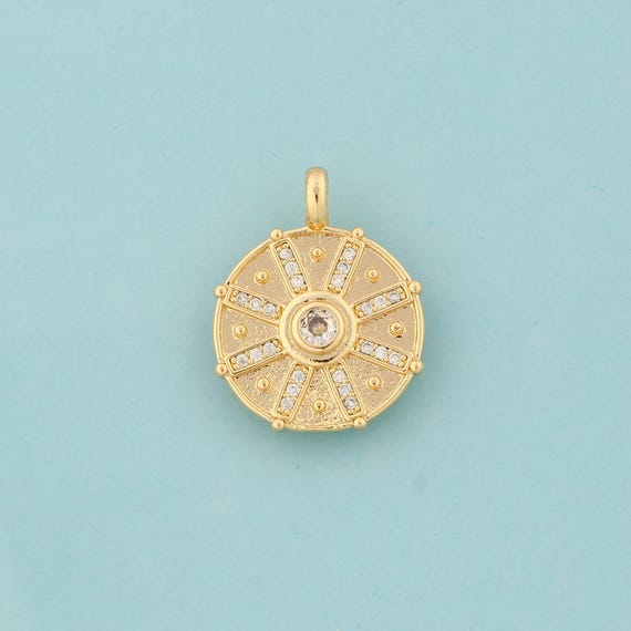 Gold CZ Sun Charms,Round Jewelry,Sun Pendant for DIY Jewelry Making,18K Gold