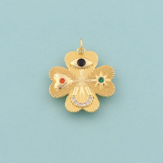 Gold CZ Lucky Grass Charms,Evil Eye Jewelry,Heart Star Pendant for DIY Jewelry Making,18K Gold