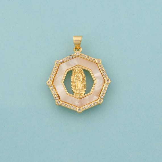 Gold CZ Virgin Mary Charms,Religious Jewelry,Fritillaria Catholic Pendant for DIY Jewelry Making,18K Gold