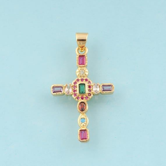 Gold CZ Cross Charms,Religious Jewelry,Christian Pendant for DIY Jewelry Making,18K Gold