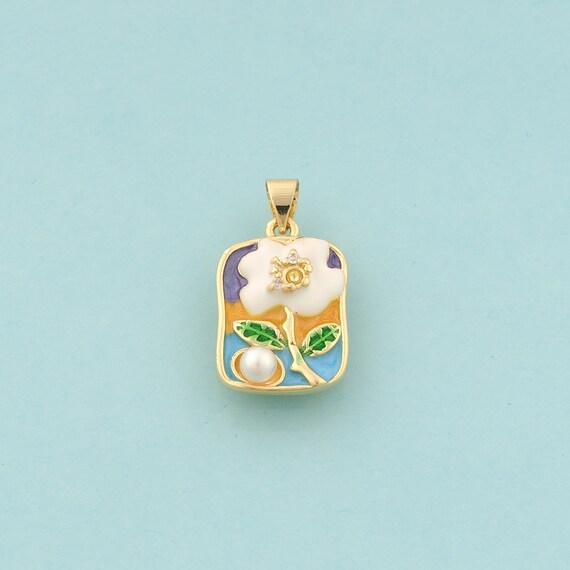 Gold CZ Flower Charms,Square Jewelry,Enamel Flower Pendant for DIY Jewelry Making,18K Gold