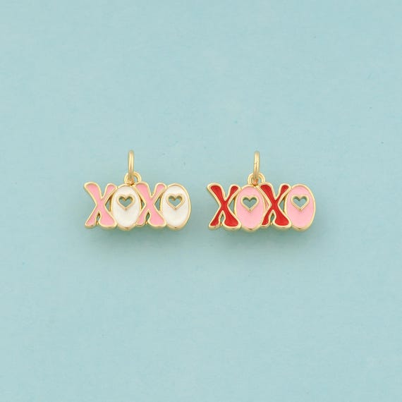 Gold XOXO Charms,Heart Jewelry,Enamel Letter Pendant for DIY Jewelry Making,18K Gold