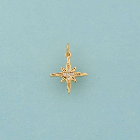 Gold CZ Polaris Charms,Celestial Jewelry,Starburst Pendant for DIY Jewelry Making,18K Gold