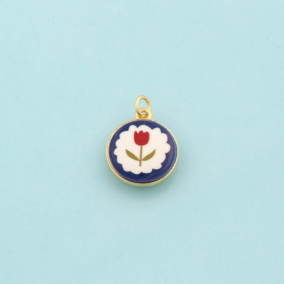 Gold Enamel Flower Charms,Round Jewelry,Flower Pendant for DIY Jewelry Making,18K Gold