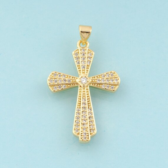 Gold CZ Cross Charms,Religious Jewelry,Christian Pendant for DIY Jewelry Making,18K Gold