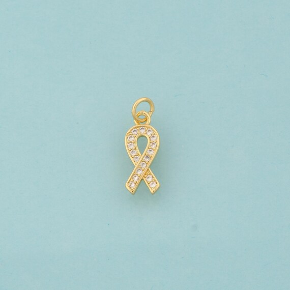 Gold Breast Cancer Awareness Silk Ribbon Charms,Symbol Jewelry,CZ Symbol Pendant for DIY Jewelry Making,18K Gold