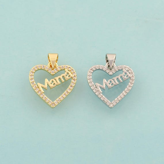 Gold CZ MAMA Charms,Heart Jewelry,Letter Pendant for DIY Jewelry Making,18K Gold