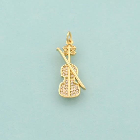 Gold CZ Violin Charms,Violin Jewelry,Violin Pendant for DIY Jewelry Making,18K Gold