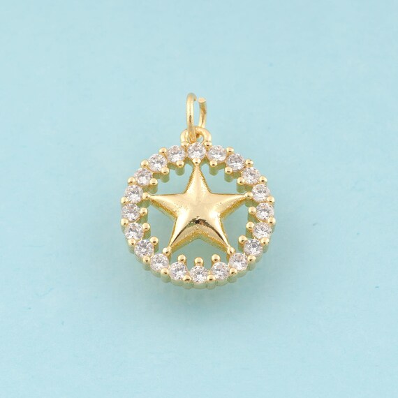 Gold CZ Star Charms,Round Jewelry,Star Pendant for DIY Jewelry Making,18K Gold