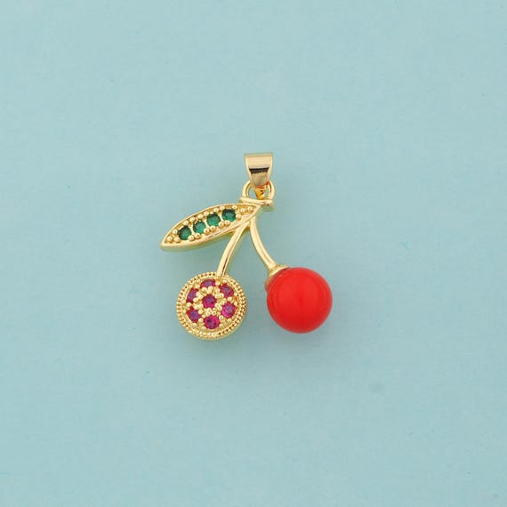 Gold Enamel Cherry Charms,Fruit Jewelry,CZ Cherry Pendant for DIY Jewelry Making,18K Gold