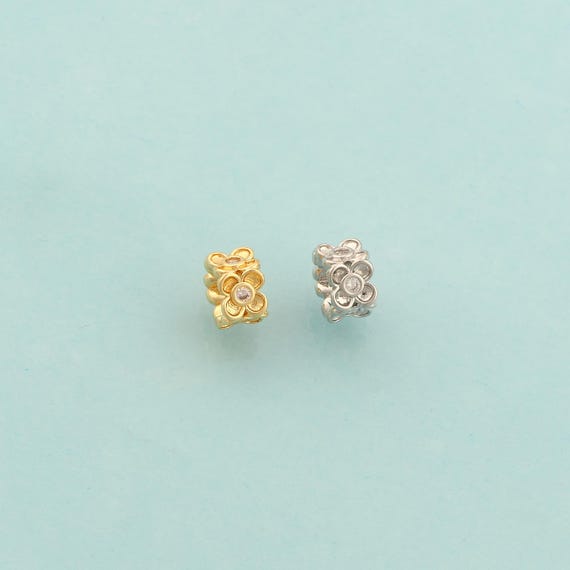 Gold CZ Flower Spacer Beads,Large Hole Beads,Tube Beads for DIY Jewelry Making,18K Gold