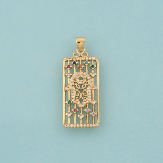 Gold CZ Hamsa Charms,Fatima Jewelry,Square Pendant for DIY Jewelry Making,18K Gold
