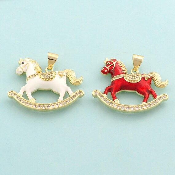 Gold CZ Horse Charms,Animal Jewelry,Enamel Horse Pendant for DIY Jewelry Making,18K Gold