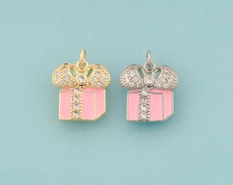 Gold CZ Gift Box Charms,Gift Box Jewelry,Enamel Gift Box Pendant for DIY Jewelry Making,18K Gold